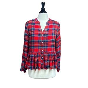 MudPie Red Plaid Button Front Ruffle Bottom Top Size Medium